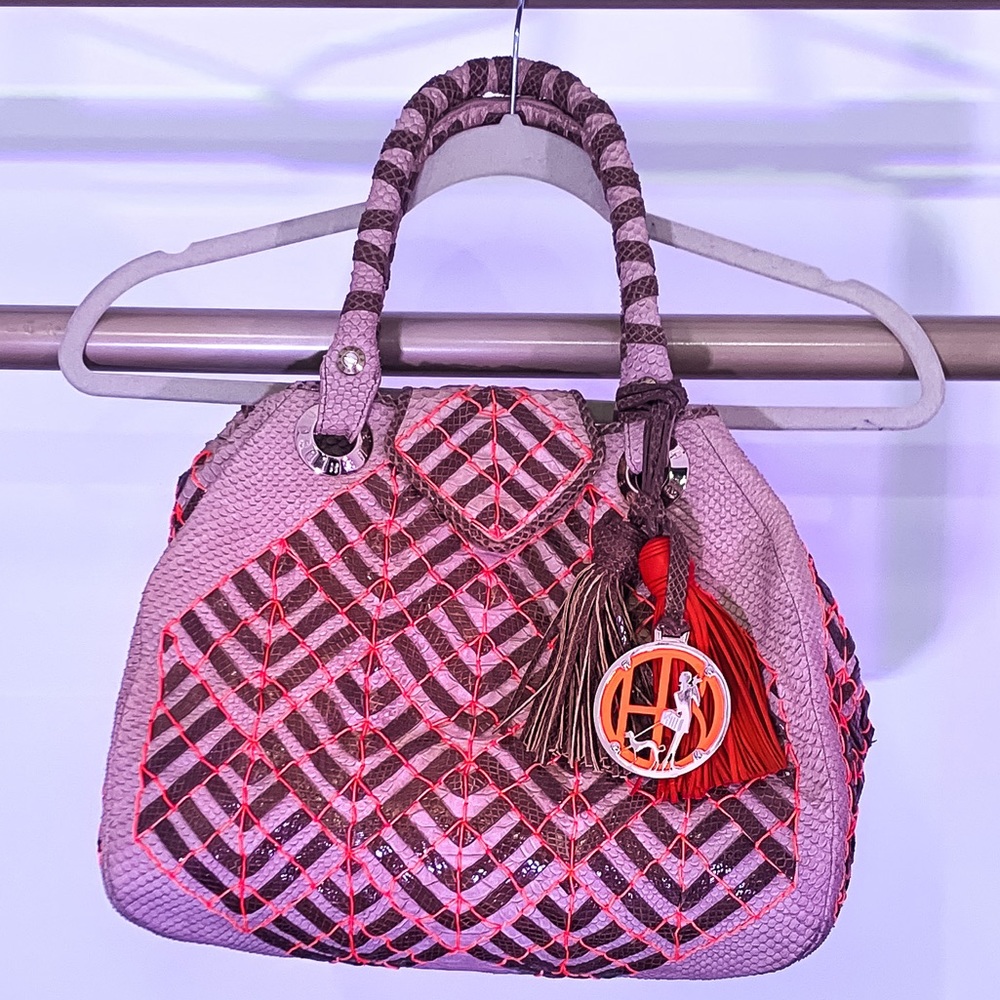 Henri Bendel coral and snake leather purse